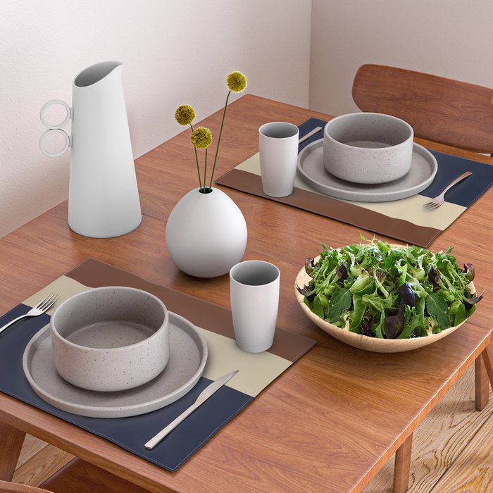 Color Block Triple - Minimalist Solid Stripe Pattern in Brown, Cream Beige, and Dark Navy Blue Placemat Gallery Image 2