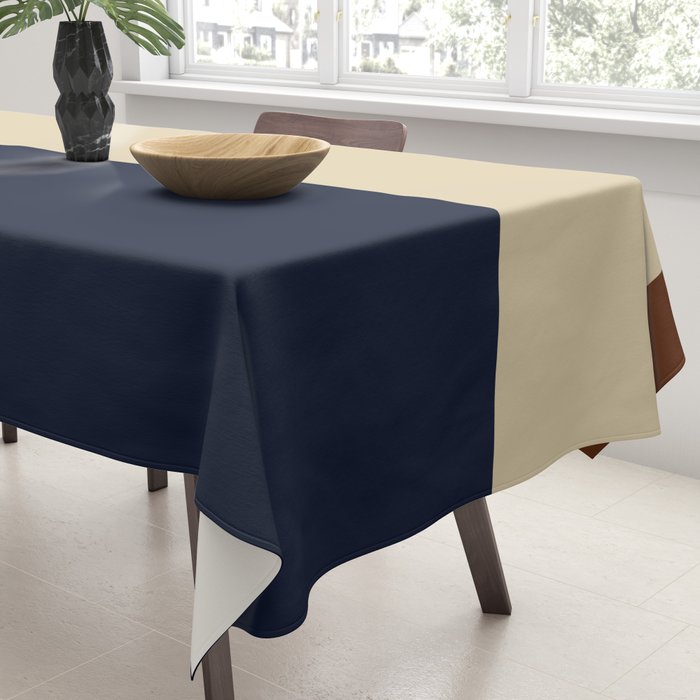 Color Block Triple - Minimalist Solid Stripe Pattern in Brown, Cream Beige, and Dark Navy Blue Tablecloth Gallery Image 3