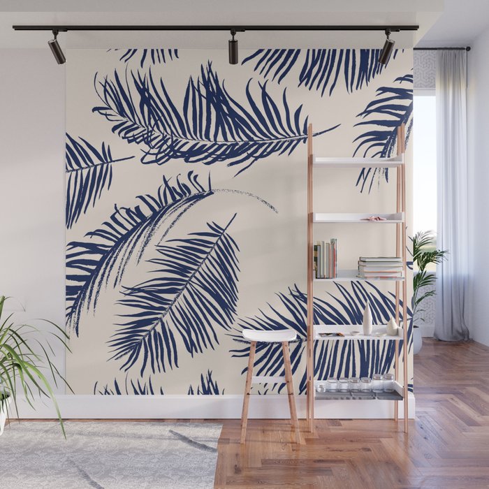 Blue Palm Leaves x Dry Brush Wall Mural