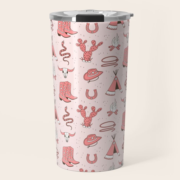 Cute Cowgirl Pattern, Cowboy Print in Blush Pink Travel Mug Gallery Image 1