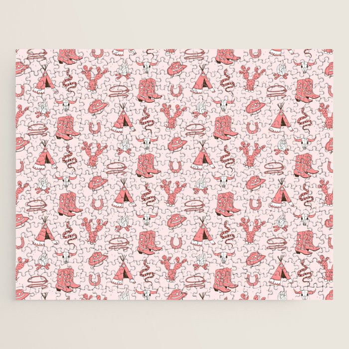 Cute Cowgirl Pattern, Cowboy Print in Blush Pink Jigsaw Puzzle Gallery Image 1