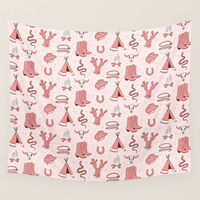 Cute Cowgirl Pattern, Cowboy Print in Blush Pink Wall Tapestry Gallery Image 4