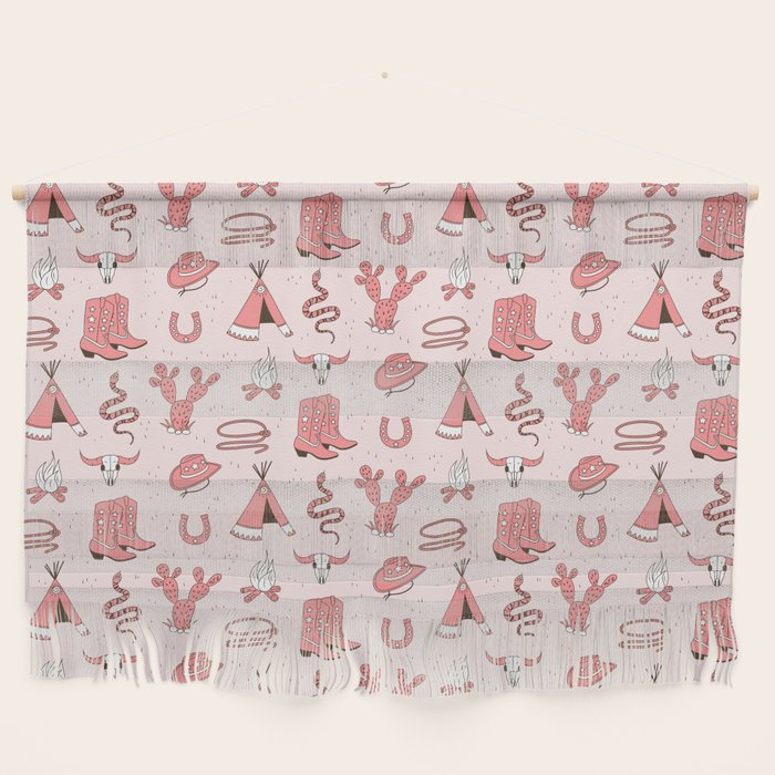Cute Cowgirl Pattern, Cowboy Print in Blush Pink Wall Hanging Gallery Image 1