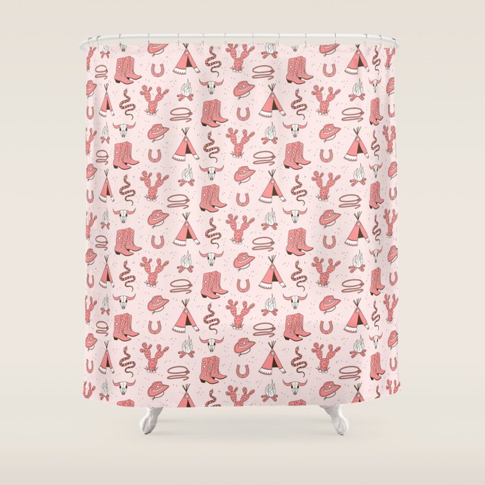Cute Cowgirl Pattern, Cowboy Print in Blush Pink Shower Curtain Gallery Image 1