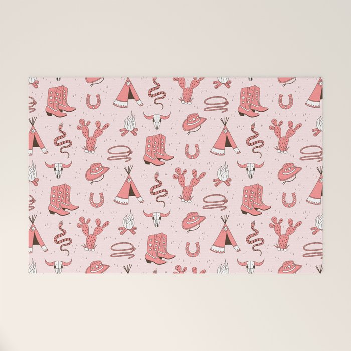 Cute Cowgirl Pattern, Cowboy Print in Blush Pink Welcome Mat Gallery Image 1