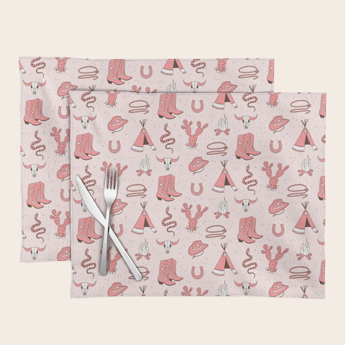 Cute Cowgirl Pattern, Cowboy Print in Blush Pink Placemat Gallery Image 1