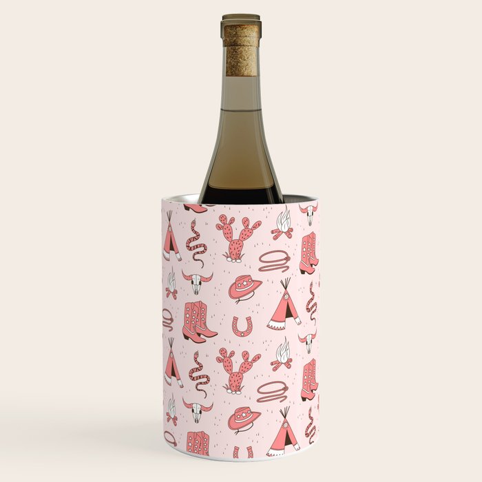 Cute Cowgirl Pattern, Cowboy Print in Blush Pink Wine Chiller Gallery Image 1