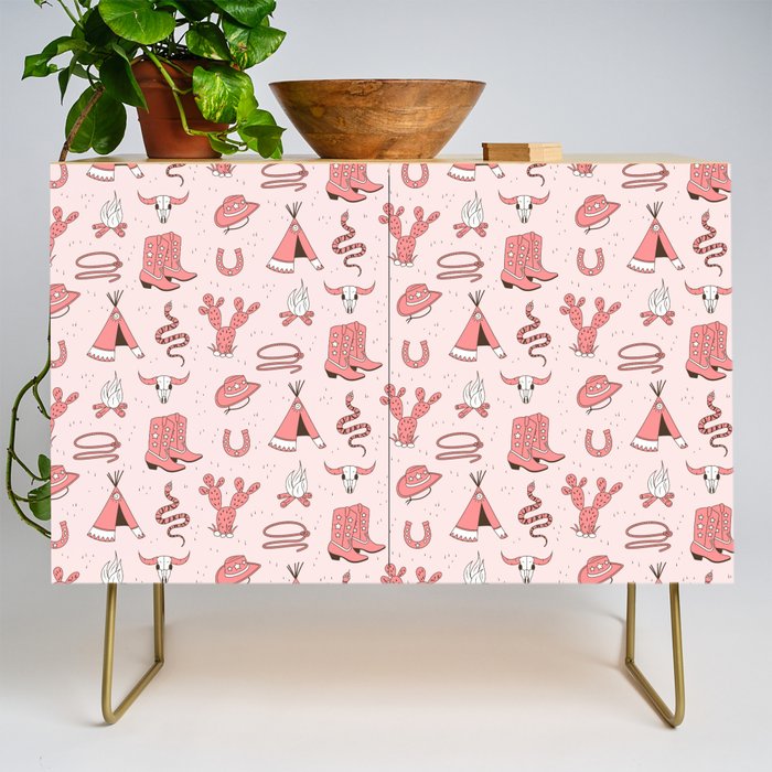Cute Cowgirl Pattern, Cowboy Print in Blush Pink Credenza Gallery Image 1