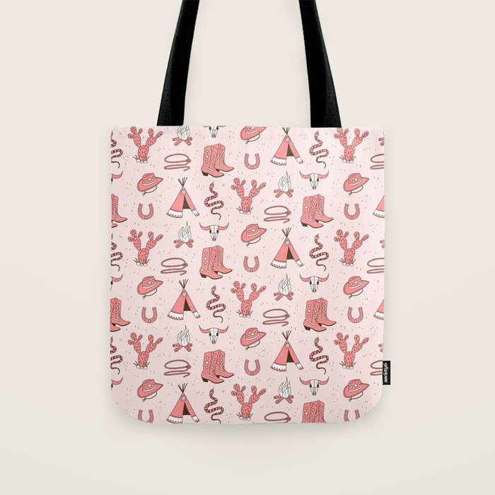 Cute Cowgirl Pattern, Cowboy Print in Blush Pink Tote Bag Gallery Image 1