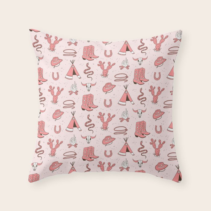 Cute Cowgirl Pattern, Cowboy Print in Blush Pink Throw Pillow Gallery Image 1