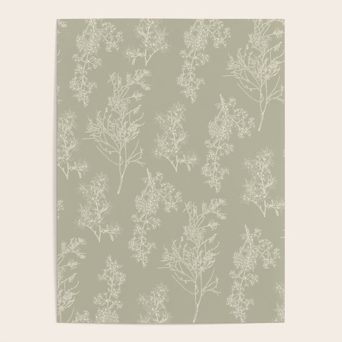 Botanical Cottage Floral Pattern in Muted Sage Poster Gallery Image 1