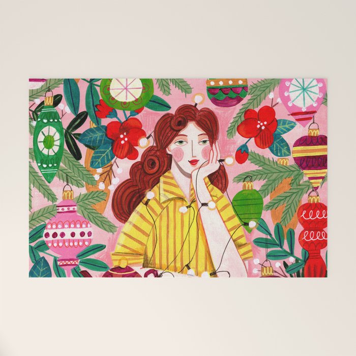 Midcentury Festive Christmas Woman Welcome Mat Gallery Image 1