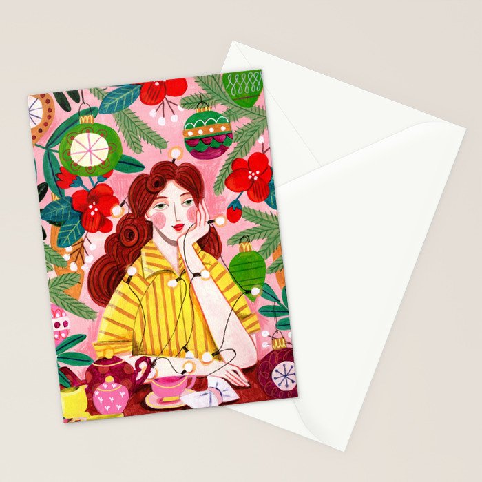 Midcentury Festive Christmas Woman Stationery Card Gallery Image 2