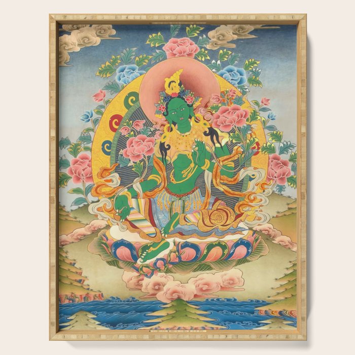 Green Tara On Lotus Throne - Buddhist Thangka Serving Tray Gallery Image 1