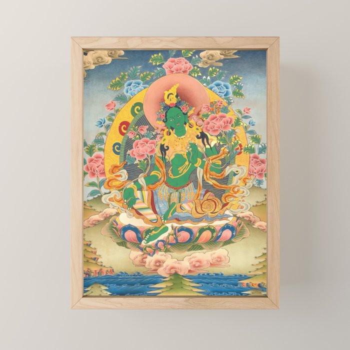 Green Tara On Lotus Throne - Buddhist Thangka Mini Art Print Gallery Image 1