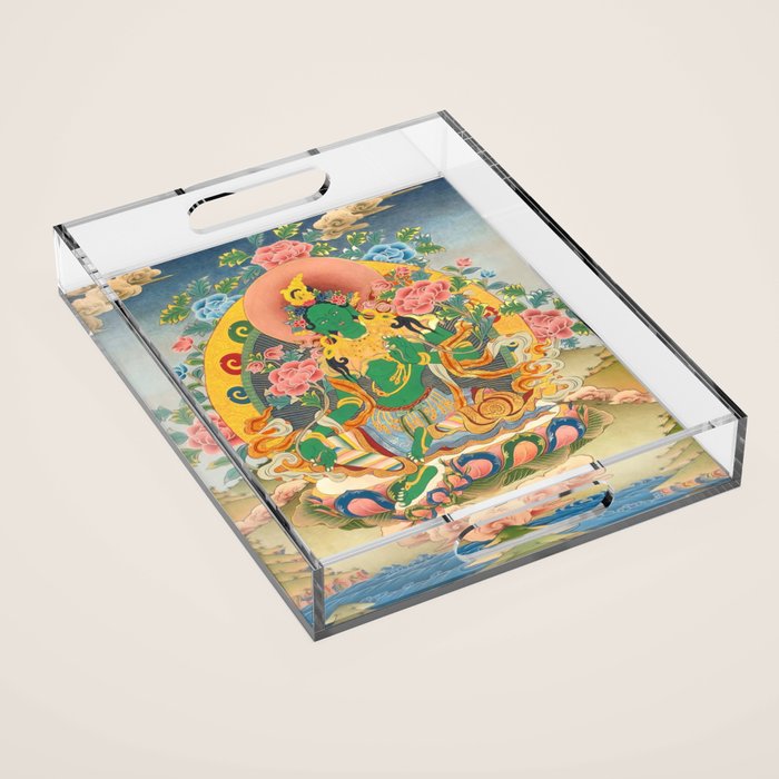 Green Tara On Lotus Throne - Buddhist Thangka Acrylic Tray Gallery Image 1