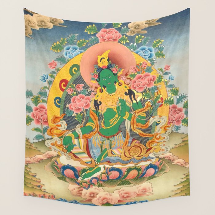 Green Tara On Lotus Throne - Buddhist Thangka Wall Tapestry Gallery Image 1