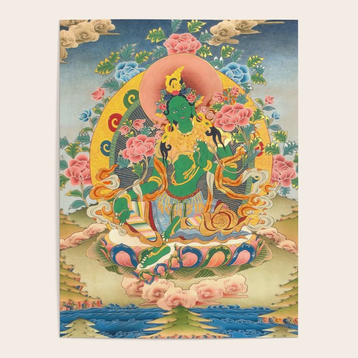 Green Tara On Lotus Throne - Buddhist Thangka Poster Gallery Image 1