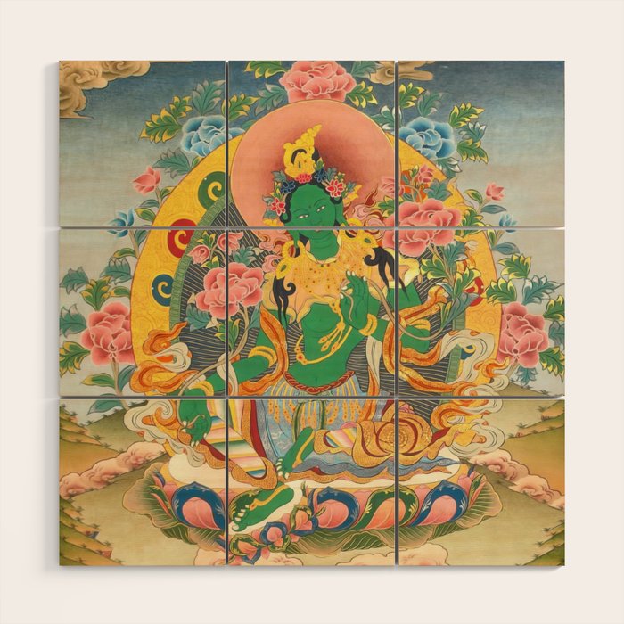 Green Tara On Lotus Throne - Buddhist Thangka Wood Wall Art Gallery Image 1
