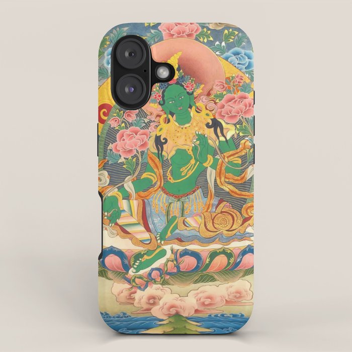 Green Tara On Lotus Throne - Buddhist Thangka iPhone Case Gallery Image 1