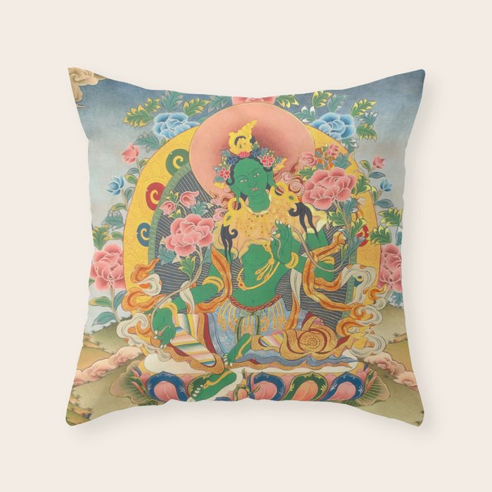 Green Tara On Lotus Throne - Buddhist Thangka Throw Pillow Gallery Image 6