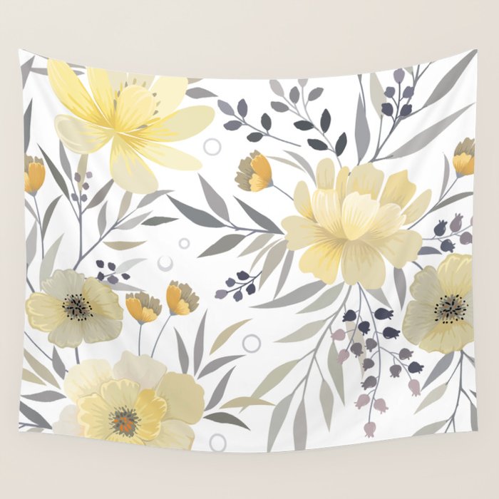 Modern, Floral Prints, Yellow, Gray and White Wall Tapestry Gallery Image 4