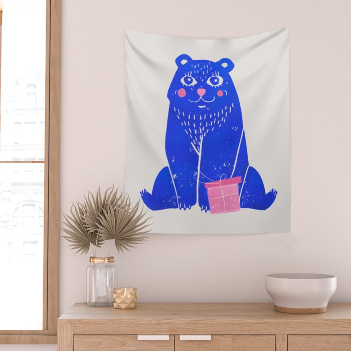 Blue Christmas Bear Wall Tapestry Gallery Image 2