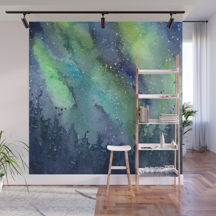 Galaxy Aurora Northern Lights Nebula Space Watercolor Wall Mural Gallery Image 1