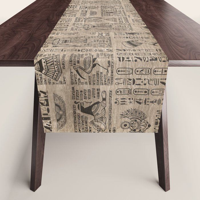 Egyptian hieroglyphs and symbols on wood Table Runner Gallery Image 1