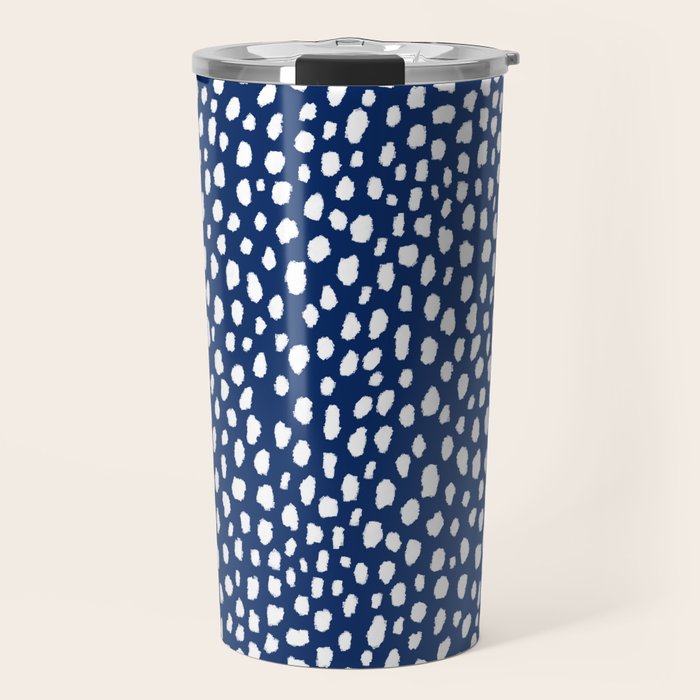 Handmade polka dot brush strokes (white/navy blue) Travel Mug Gallery Image 1