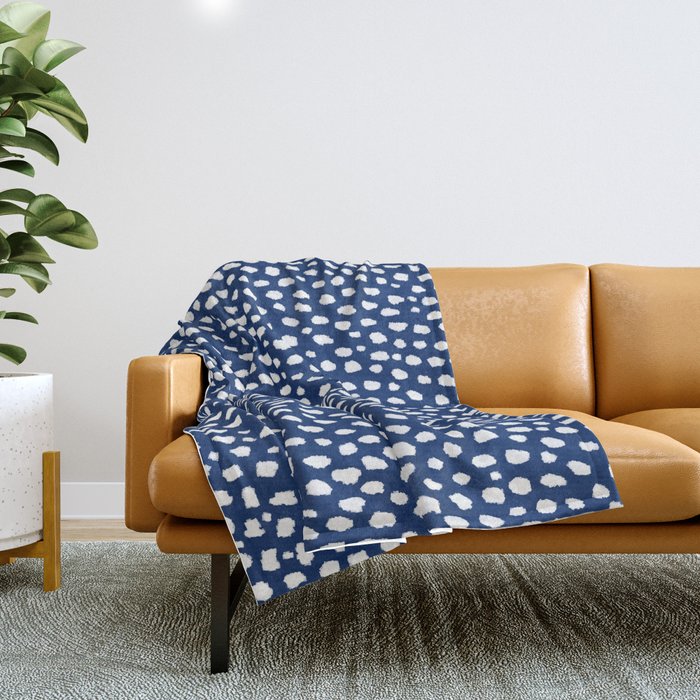Handmade polka dot brush strokes (white/navy blue) Throw Blanket Gallery Image 1