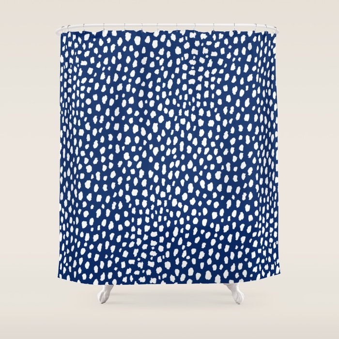 Handmade polka dot brush strokes (white/navy blue) Shower Curtain Gallery Image 1