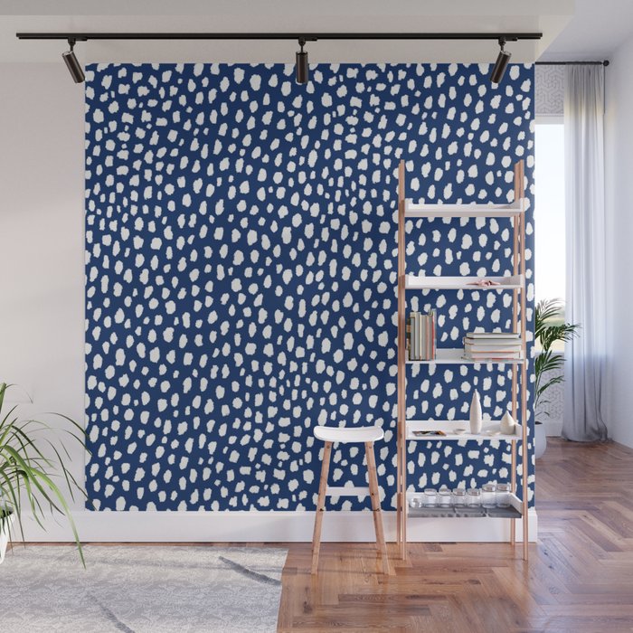 Handmade polka dot brush strokes (white/navy blue) Wall Mural Gallery Image 1