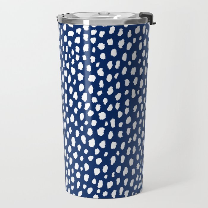 Handmade polka dot brush strokes (white/navy blue) Travel Mug Gallery Image 2