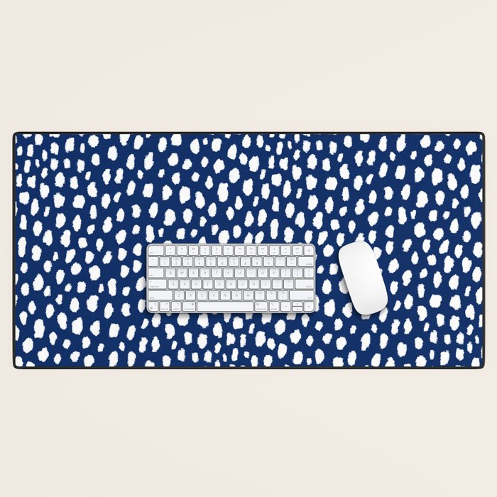 Handmade polka dot brush strokes (white/navy blue) Desk Mat Gallery Image 1