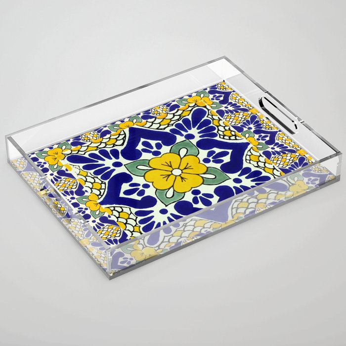 talavera mexican tile in yellow and blu Acrylic Tray Gallery Image 1