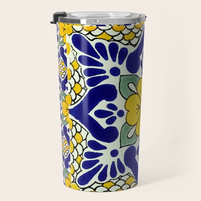 talavera mexican tile in yellow and blu Travel Mug Gallery Image 3