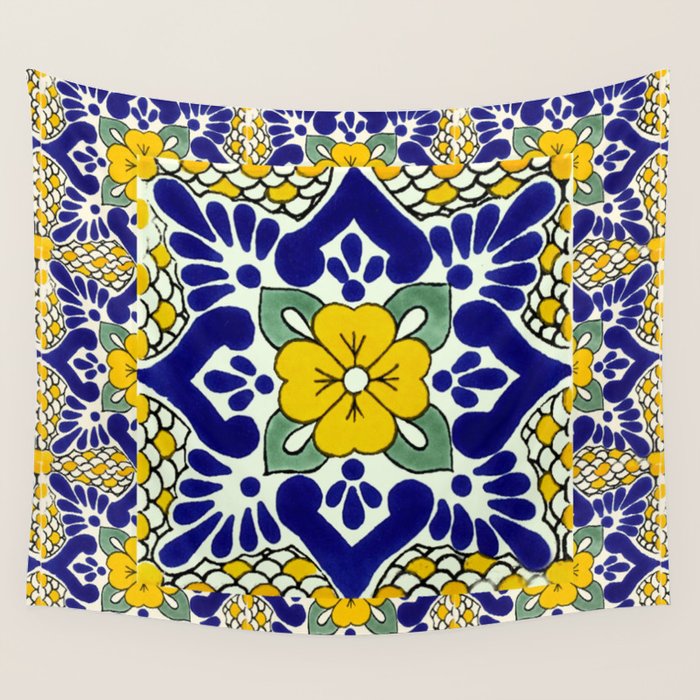 talavera mexican tile in yellow and blu Wall Tapestry Gallery Image 1