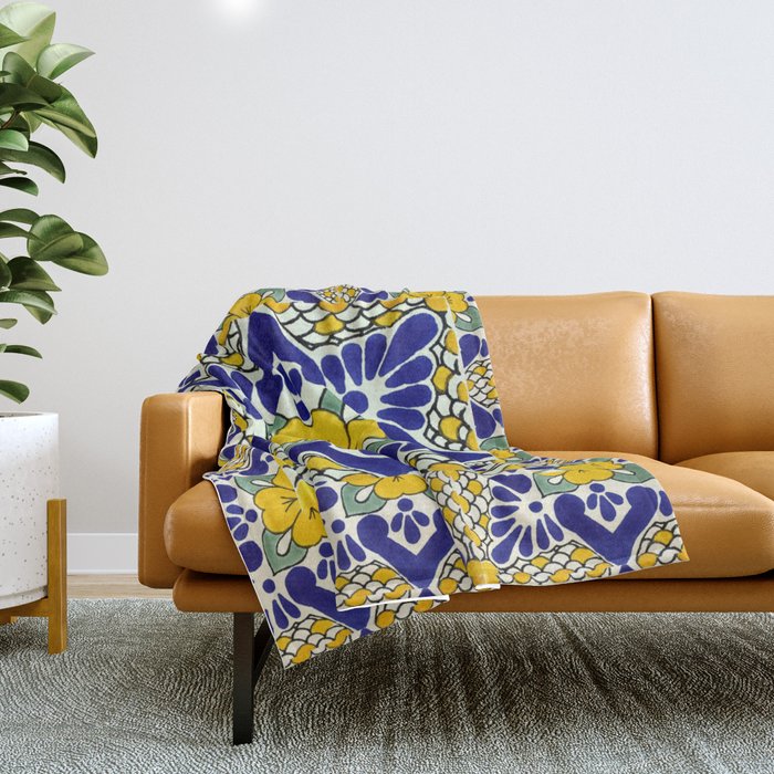 talavera mexican tile in yellow and blu Throw Blanket Gallery Image 1