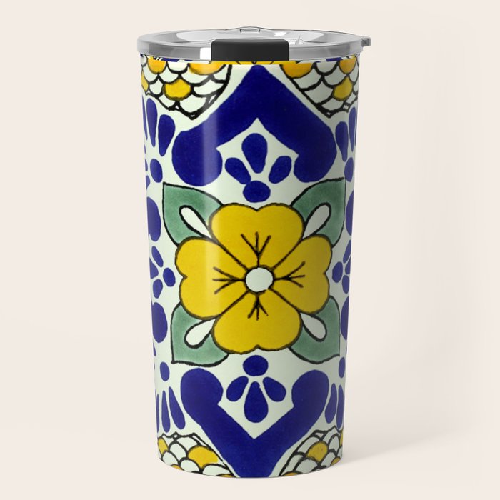 talavera mexican tile in yellow and blu Travel Mug Gallery Image 1