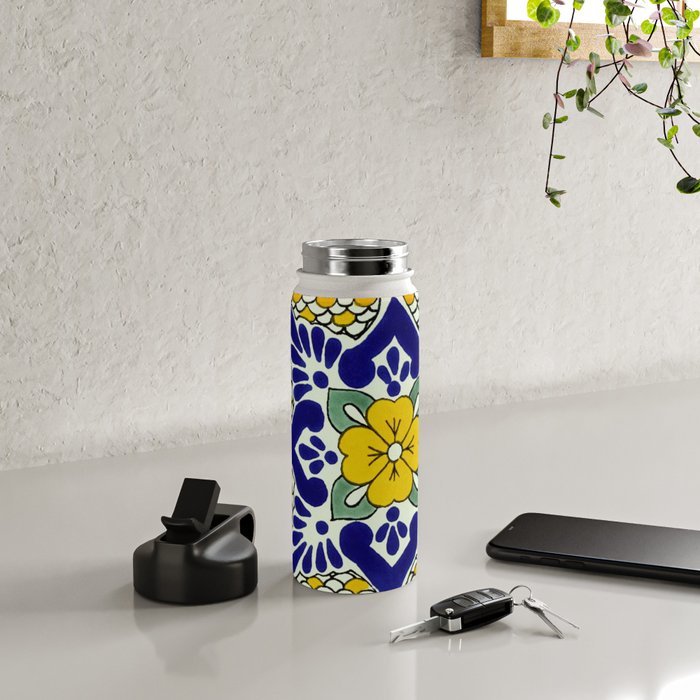 talavera mexican tile in yellow and blu Water Bottle Gallery Image 4