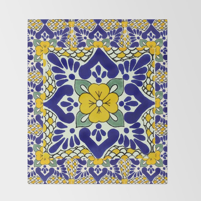 talavera mexican tile in yellow and blu Throw Blanket Gallery Image 2