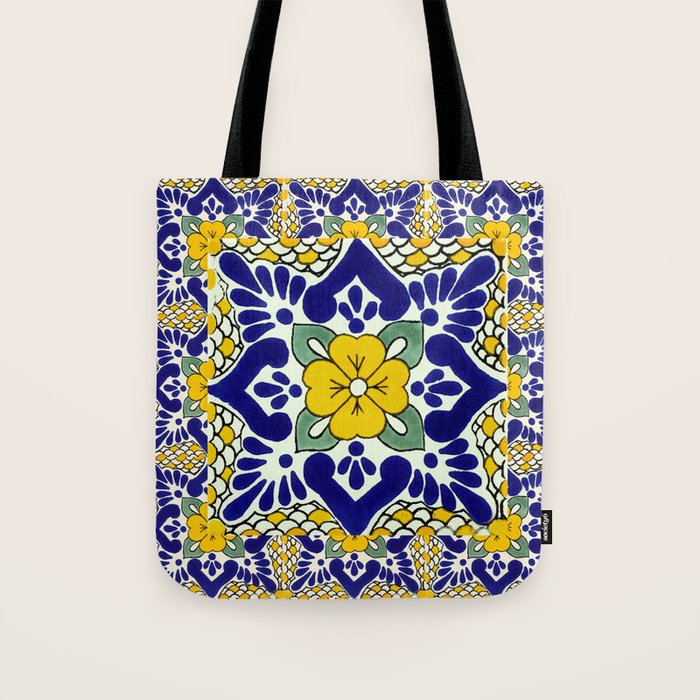 talavera mexican tile in yellow and blu Tote Bag Gallery Image 1