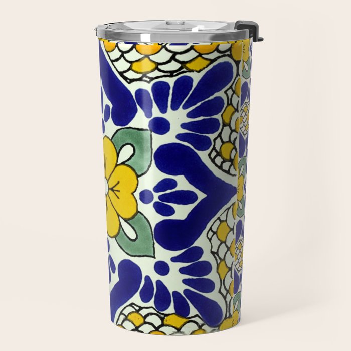 talavera mexican tile in yellow and blu Travel Mug Gallery Image 2