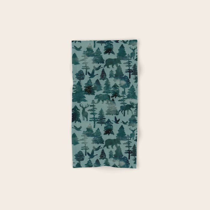 The Wild North, Wildlife, Blue Silhouette Forest and Animal Print Bath Towel Gallery Image 1