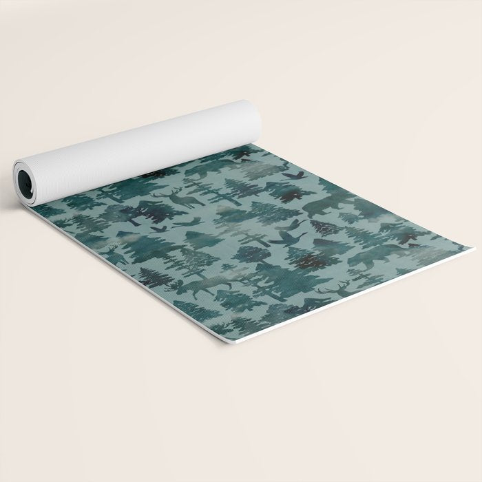 The Wild North, Wildlife, Blue Silhouette Forest and Animal Print Yoga Mat Gallery Image 2