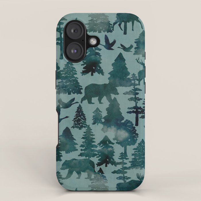 The Wild North, Wildlife, Blue Silhouette Forest and Animal Print iPhone Case Gallery Image 1