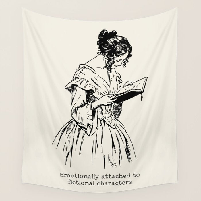 Book Lover Funny Quote - Vintage Illustration, Emotionally Attached to Fictional Characters Wall Tapestry Gallery Image 1