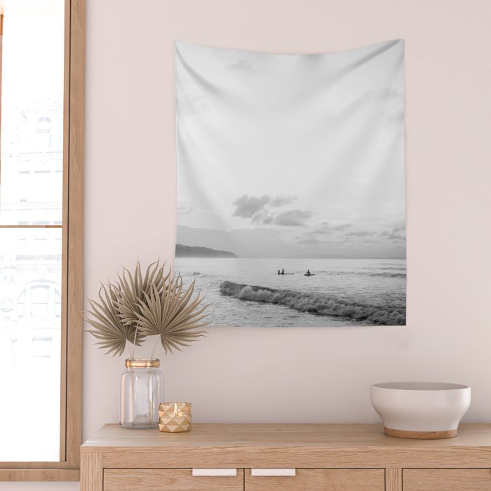 Once your board hits the water - Black and white surf travel photography print | Dominican republic Wall Tapestry Gallery Image 2