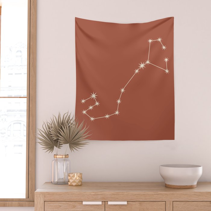Scorpio Zodiac Star Constellation Line Art Terracotta Red Wall Tapestry Gallery Image 2